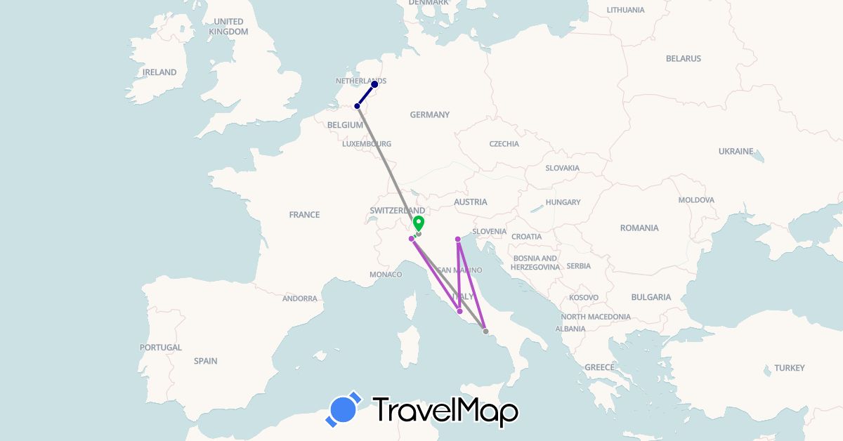 TravelMap itinerary: driving, bus, plane, train in Italy, Netherlands (Europe)